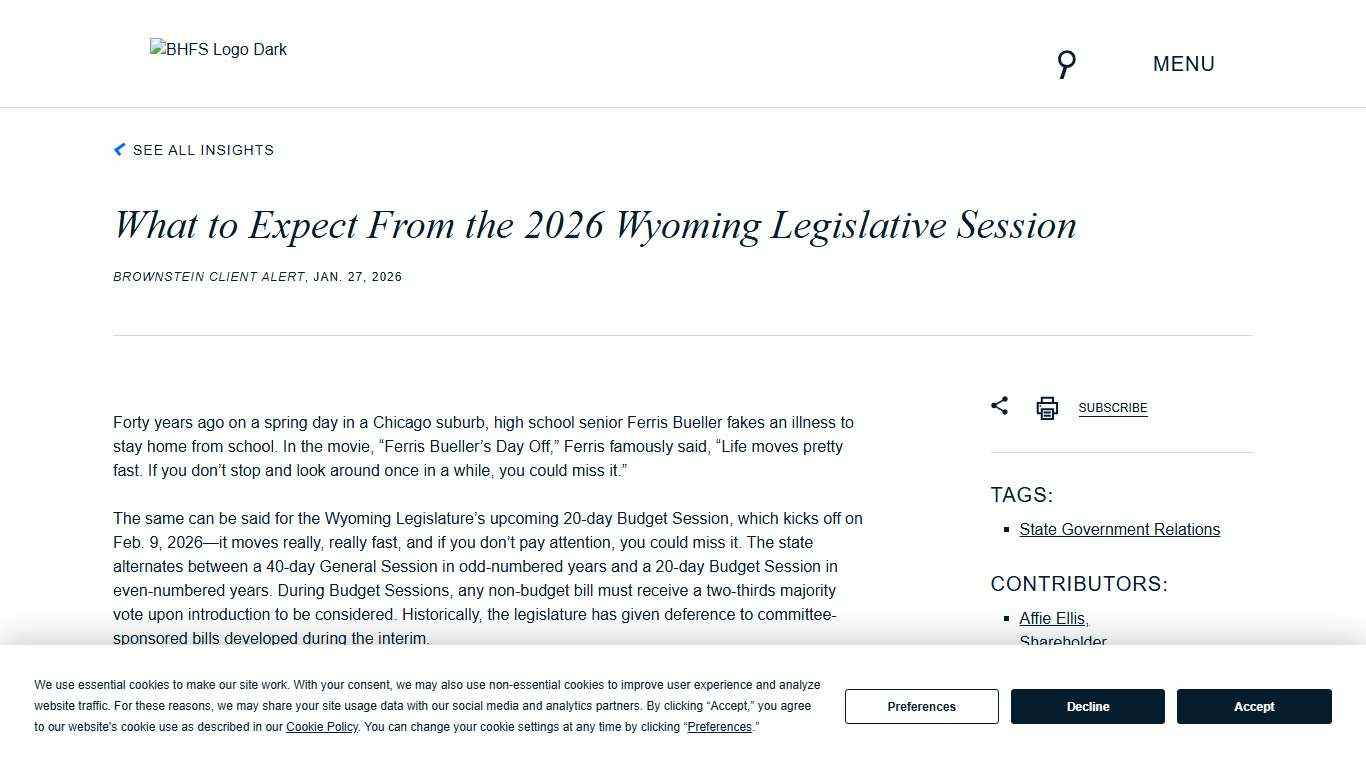 What to Expect From the 2026 Wyoming Legislative Session Brownstein