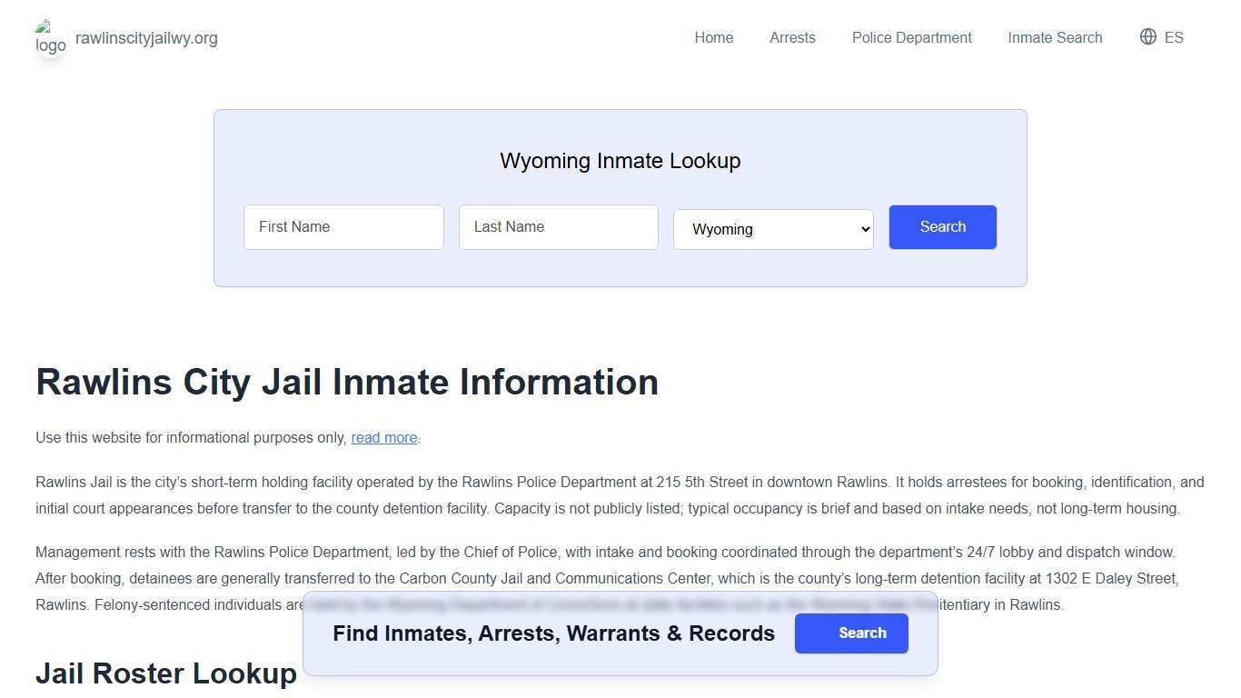 Rawlins Jail, WY Inmate Roster, Municipal Jail Info