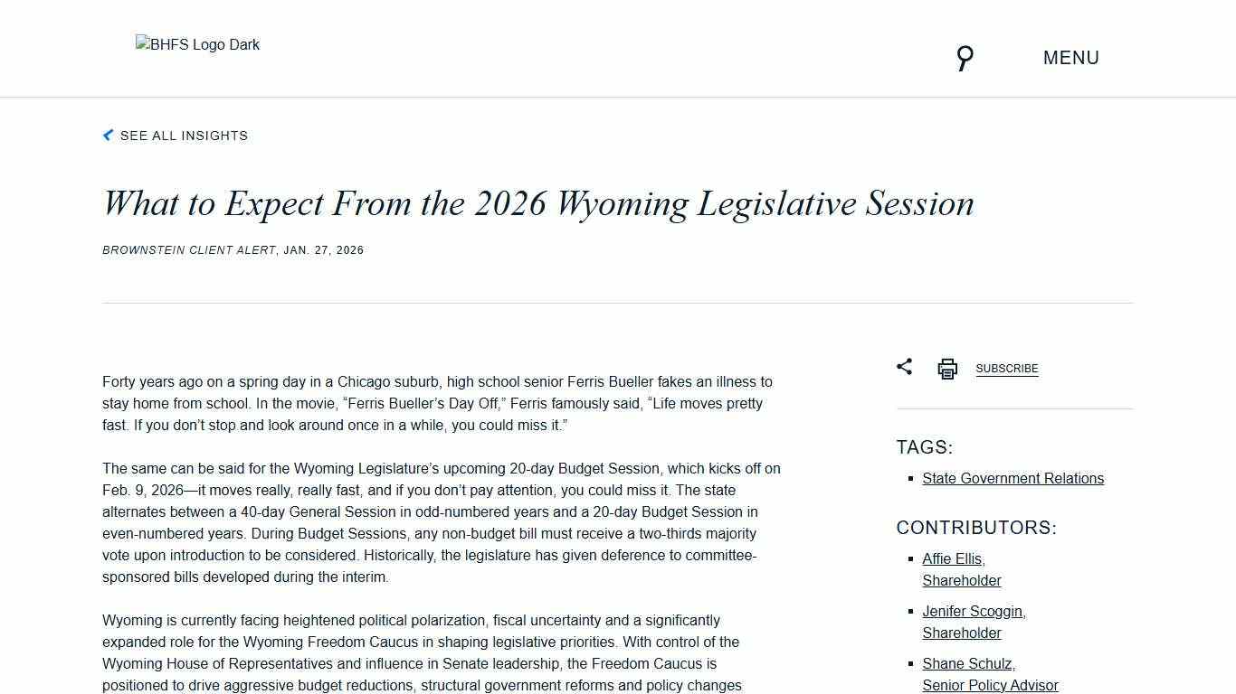 What to Expect From the 2026 Wyoming Legislative Session Brownstein